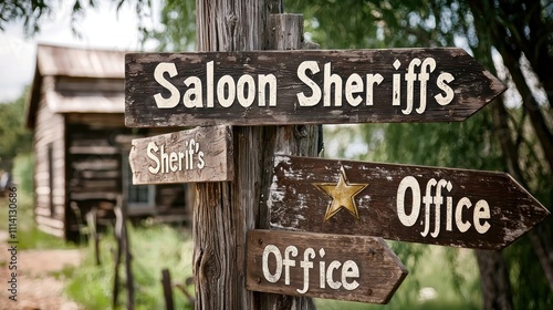 Rustic wooden signs pointing to different Wild West locations like 