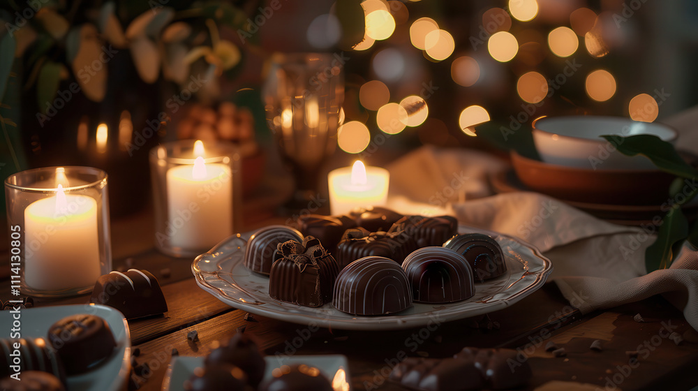 Obraz premium Valentine's with chocolate and candlelight glows. Cozy dessert setting with candles and chocolates