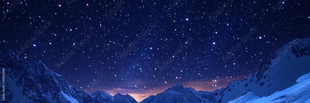 Majestic panorama showcasing snow capped mountain peaks rising against a breathtaking starry night sky, creating a serene winter landscape Majestic panorama showcasing snow capped mountain peaks rising against a breathtaking starry night sky, creating a serene winter landscape