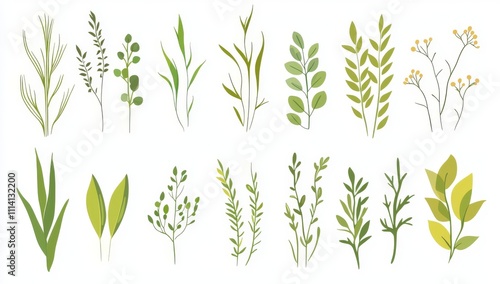 A collection of sketch-style grass doodles, hand-drawn with green grass field outlines and a scribble background. Includes sprout, flower, and clover elements. Contemporary illustration.