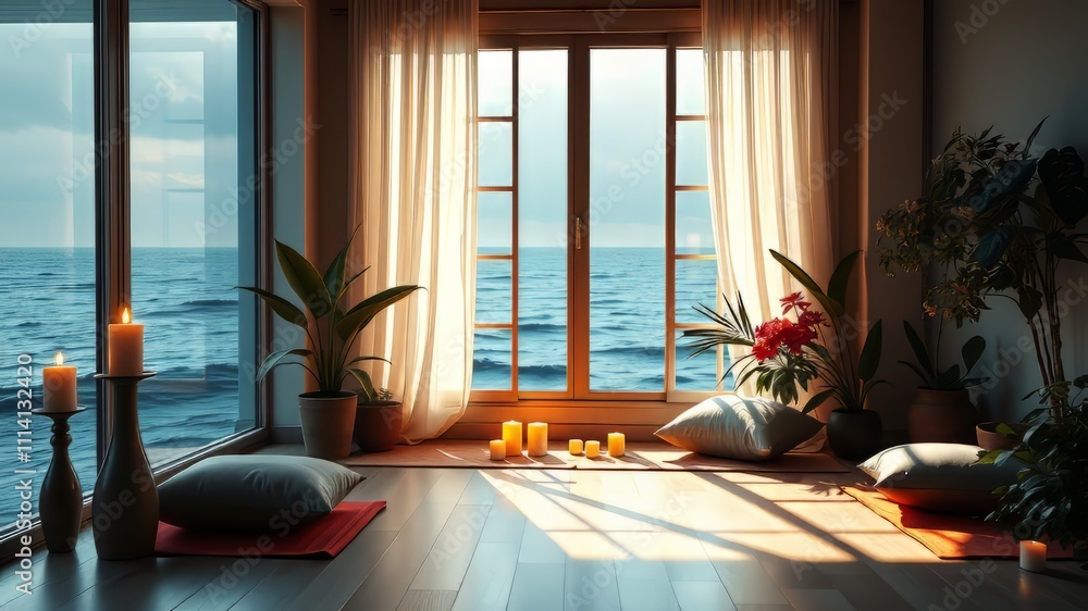 Serene Zen Meditation Room with Ocean View Virtual Background Serene Zen Meditation Room with Ocean View Virtual Background