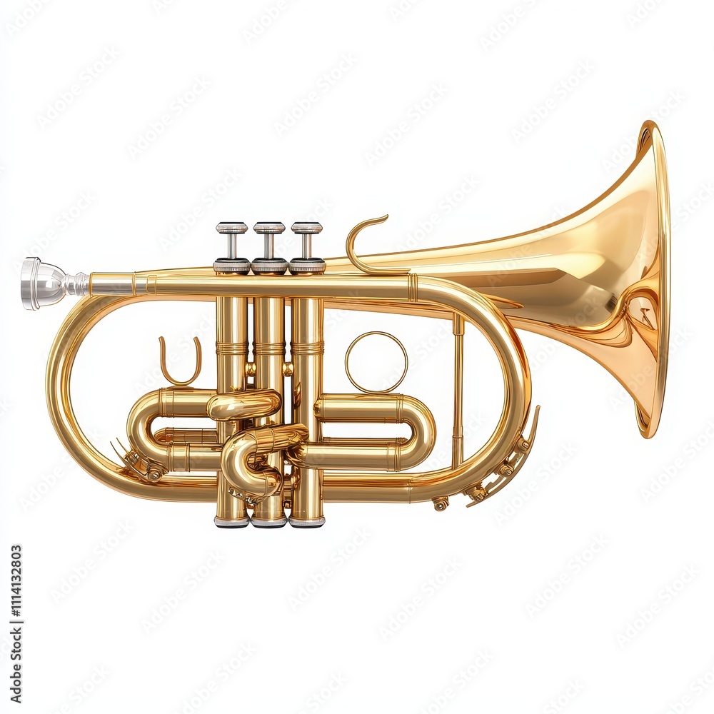Fototapeta premium Brass cornet illustration showcasing a detailed front view, isolated on a white background for graphic applications.