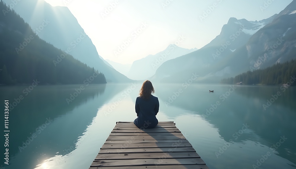 Person meditating on a dock by a mountain lake Person meditating on a dock by a mountain lake