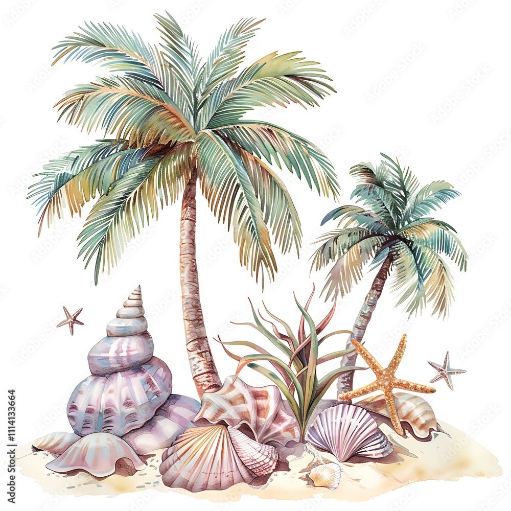 Obraz premium Tropical paradise with palms and shells