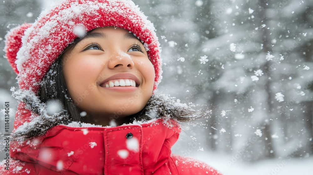 Young Woman in a Red Beanie Enjoys a Snowfall in Winter Wonderland A Portrait of Pure Joy. Young Woman in a Red Beanie Enjoys a Snowfall in Winter Wonderland A Portrait of Pure Joy.