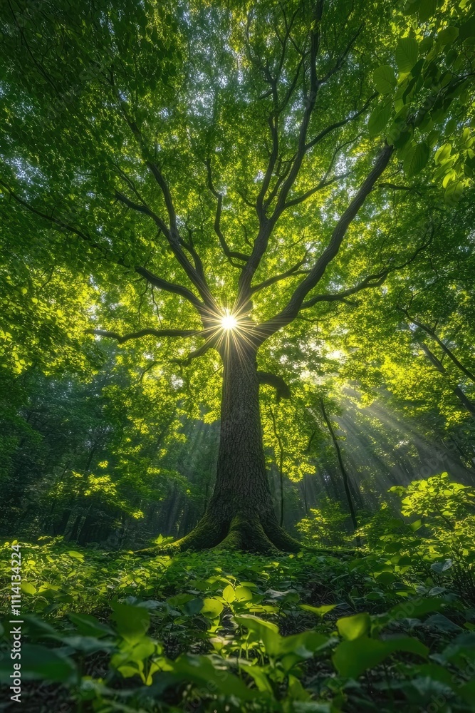 Obraz premium Sunbeams shining through majestic green tree in lush forest