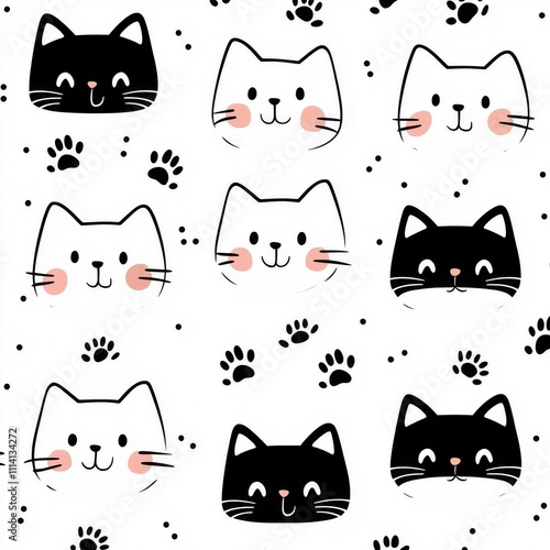 Seamless pattern of an adorable cat face. A hand-drawn sketch of a doodle kitty with a black face on a white backdrop, featuring cat footprints. A delightful pet pattern with a contemporary