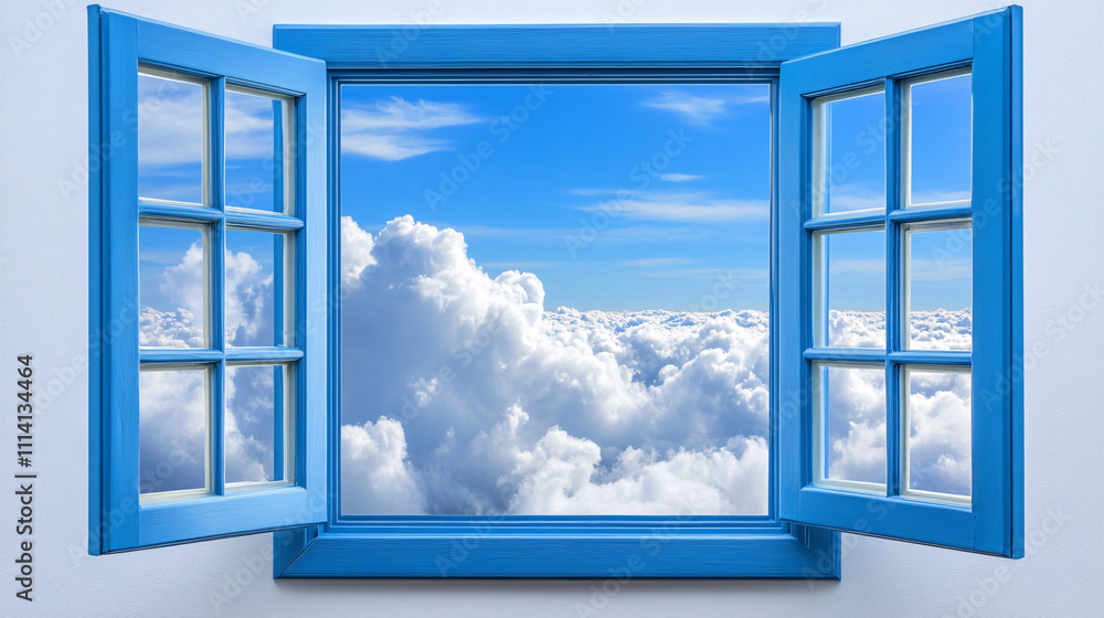 A vibrant blue window frames a stunning view of fluffy clouds against a bright blue sky, inviting a sense of openness and tranquility. A vibrant blue window frames a stunning view of fluffy clouds against a bright blue sky, inviting a sense of openness and tranquility.