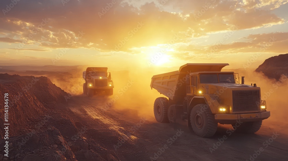 Mining Trucks in Quarry at Sunset: Two large yellow mining trucks driving through a quarry, with dust clouds and a warm sunset, symbolizing industry and heavy equipment. Mining Trucks in Quarry at Sunset: Two large yellow mining trucks driving through a quarry, with dust clouds and a warm sunset, symbolizing industry and heavy equipment.