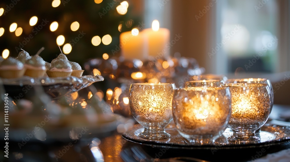 Silver mercury glass candle holders on a New Yeara??s dessert table, illuminating the treats. Silver mercury glass candle holders on a New Yeara??s dessert table, illuminating the treats.