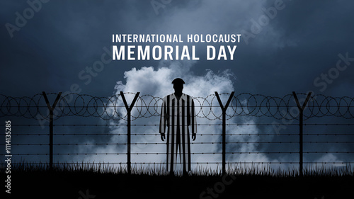 silhouette of a concentration camp victim behind barbed wire, with the text 