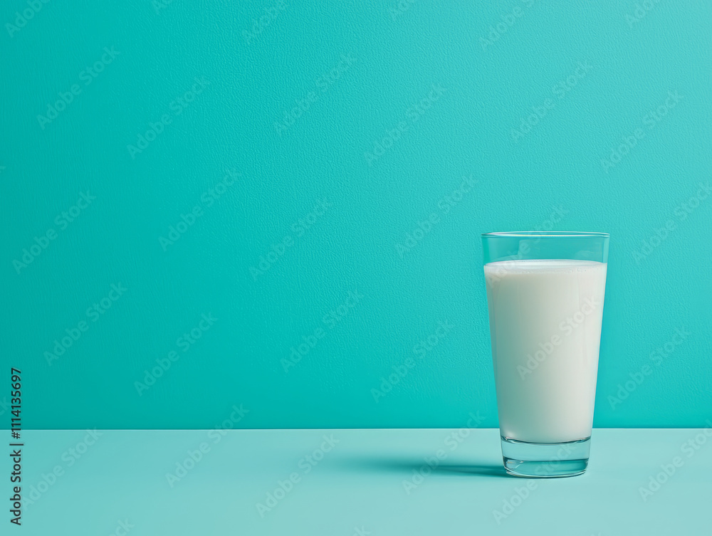 Fresh milk in clear glass on vibrant turquoise background Fresh milk in clear glass on vibrant turquoise background
