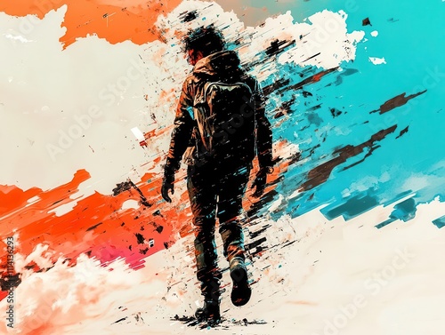 Human silhouette disintegrating into pixels, technology trap, glitchy aesthetic, abstract background