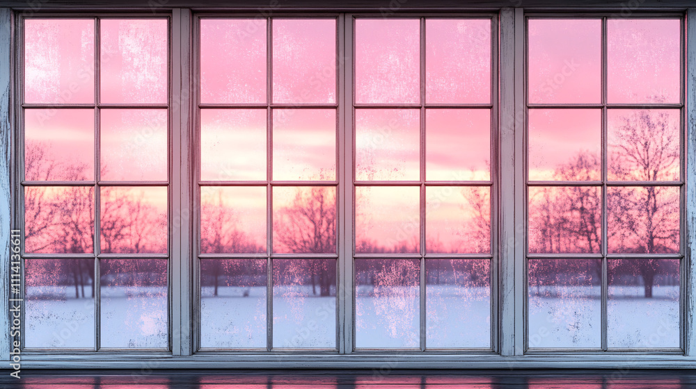 A serene view of a winter sunset through a large window, showcasing vibrant pink hues and silhouetted trees against a snowy landscape. A serene view of a winter sunset through a large window, showcasing vibrant pink hues and silhouetted trees against a snowy landscape.