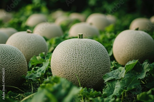 Ripe cantaloupe melons growing in a field, ready for harvest