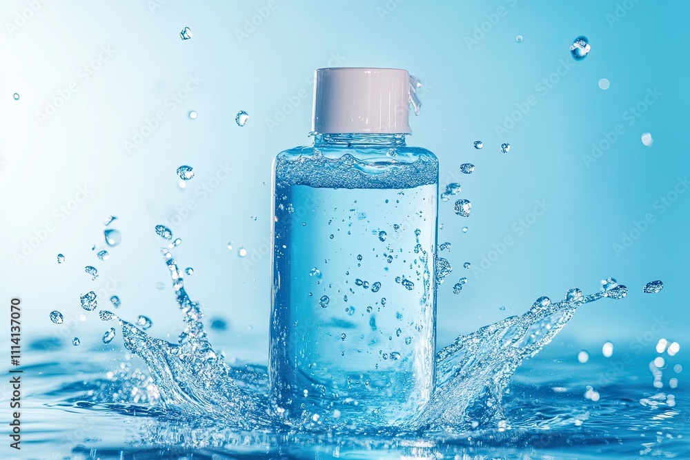 The moisturizing shampoo, cosmetic liquid, tonic, thermal water falls into the water with big splash on the gradient blue background The moisturizing shampoo, cosmetic liquid, tonic, thermal water falls into the water with big splash on the gradient blue background