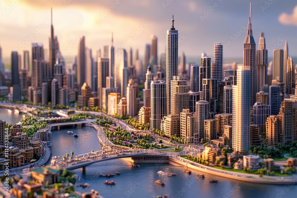 Obraz premium Detailed Model Of A Modern Cityscape At Sunset