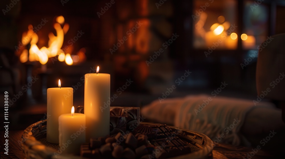 Valentine's with chocolate and candlelight glows. Cozy candlelight by the fireplace Valentine's with chocolate and candlelight glows. Cozy candlelight by the fireplace