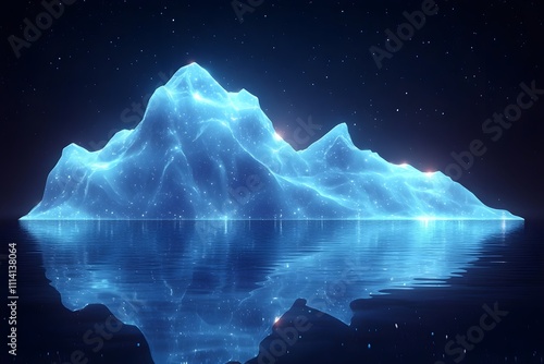 Abstract low-poly vector illustration of an iceberg with glowing dots on a dark blue background