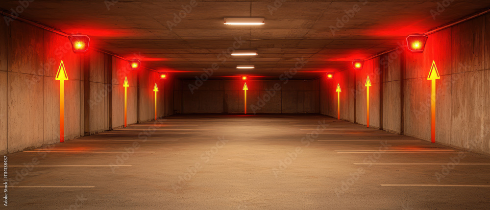 Fire alarm evacuation signal concept. A dimly lit parking garage with illuminated red lights and directional arrows guiding vehicles. Fire alarm evacuation signal concept. A dimly lit parking garage with illuminated red lights and directional arrows guiding vehicles.
