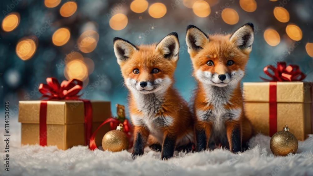 Fototapeta premium Adorable fox cubs amidst holiday decorations with festive lights