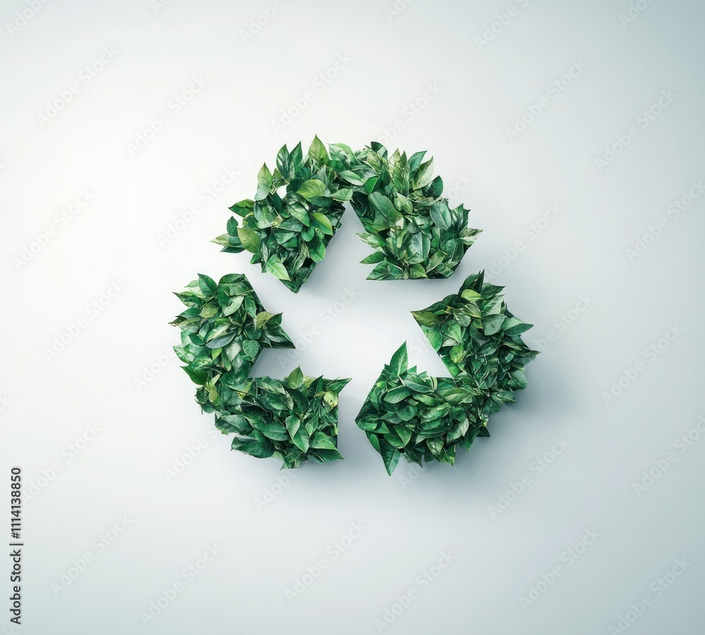 Green leaves forming a recycling symbol on white background. Green leaves forming a recycling symbol on white background.