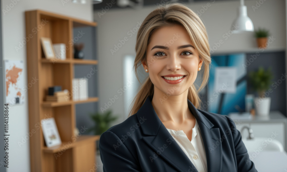Fototapeta premium confident woman in professional office setting, smiling warmly. She wears dark blazer and has long, blonde hair. background features modern decor and plants, creating welcoming atmosphere