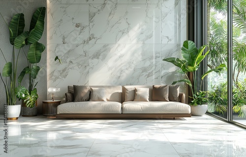 Elegant living room with marble white tile floor and sunlight streaming in through large windows, featuring a beige couch and lush green indoor plants for a modern and serene home interior.