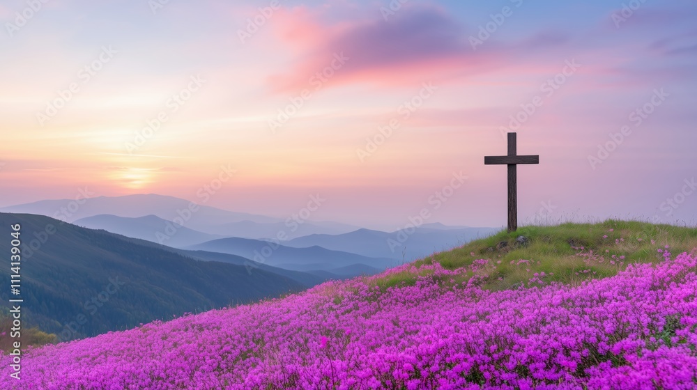 Christian Cross on Vibrant Spring Field with Blooming Flowers and Scenic Mountain View at Sunset Capturing Tranquility and Spiritual Serenity in Nature Beauty with Breathtaking Wilderness Christian Cross on Vibrant Spring Field with Blooming Flowers and Scenic Mountain View at Sunset Capturing Tranquility and Spiritual Serenity in Nature Beauty with Breathtaking Wilderness