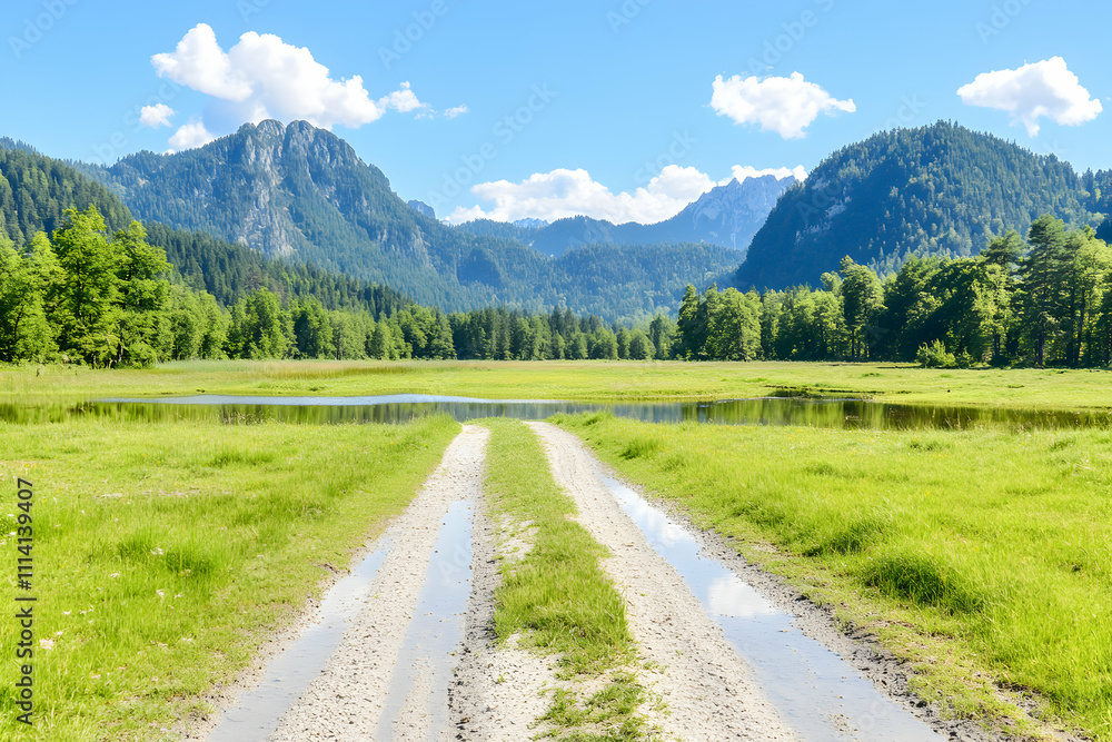 Serene landscape photo of a gravel road leading through a lush green meadow towards majestic mountains under a bright blue sky. Serene landscape photo of a gravel road leading through a lush green meadow towards majestic mountains under a bright blue sky.