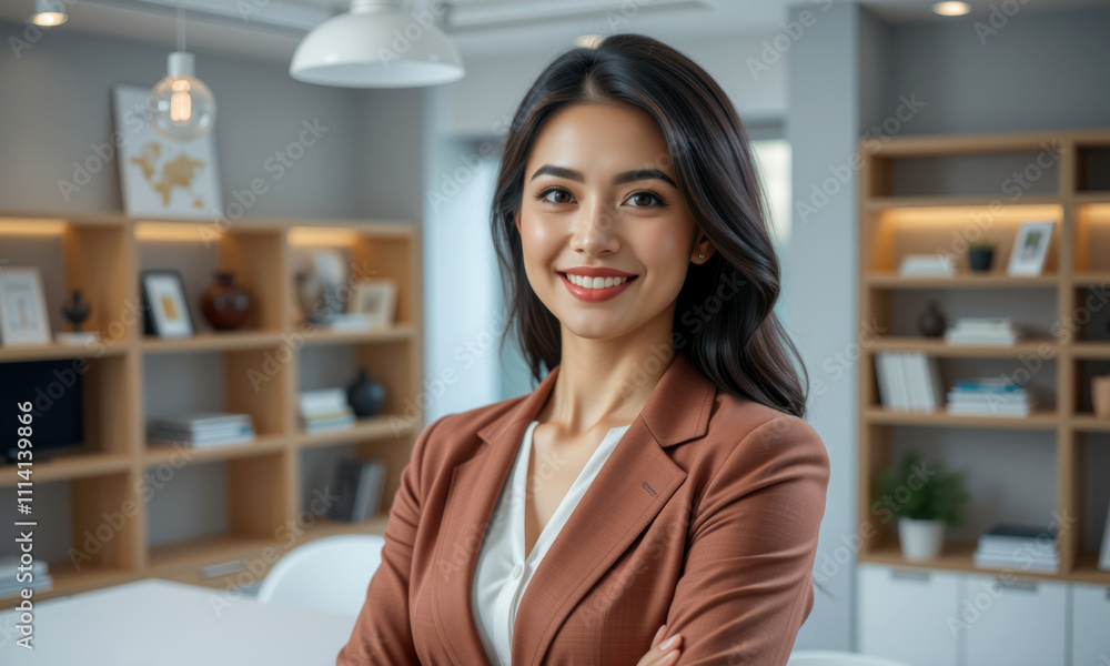confident woman in modern office setting, smiling and dressed in professional outfit, exuding positivity and professionalism confident woman in modern office setting, smiling and dressed in professional outfit, exuding positivity and professionalism