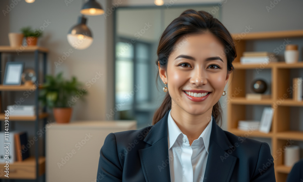 confident woman in professional office setting, smiling warmly. She wears black suit and has modern hairstyle, exuding professionalism and approachability confident woman in professional office setting, smiling warmly. She wears black suit and has modern hairstyle, exuding professionalism and approachability