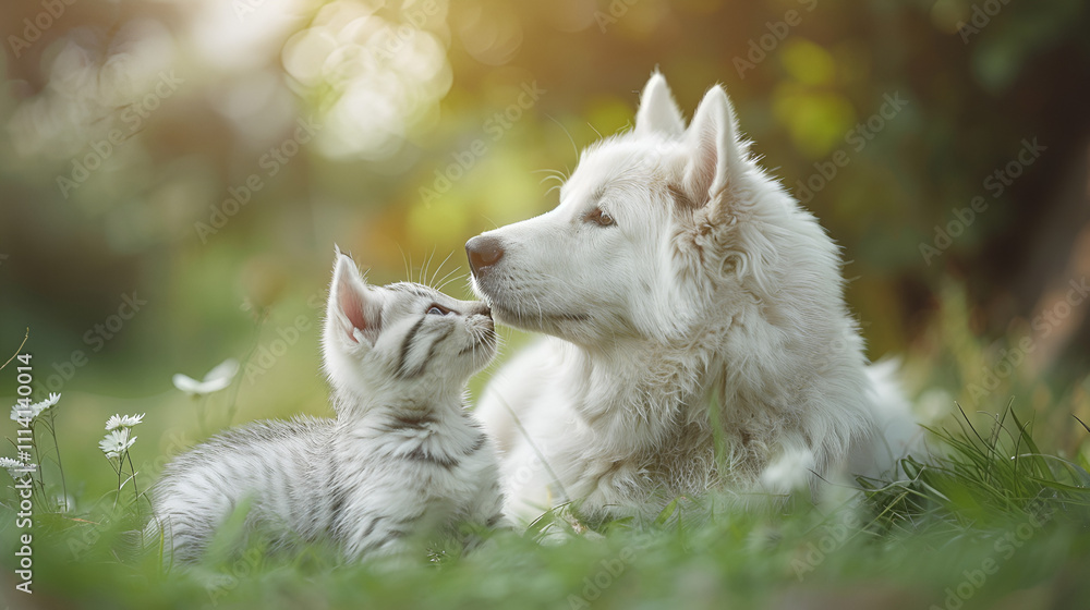 Obraz premium Kitten kissing White Swiss Shepherd`s puppy on green grass 