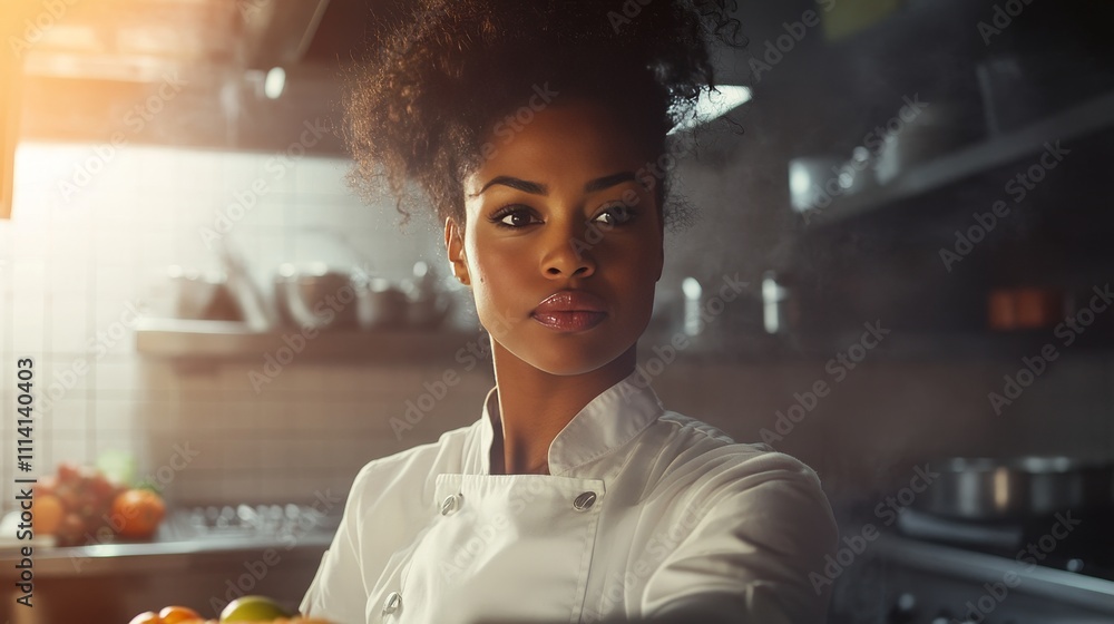 Fototapeta premium A young professional female chef in the kitchen