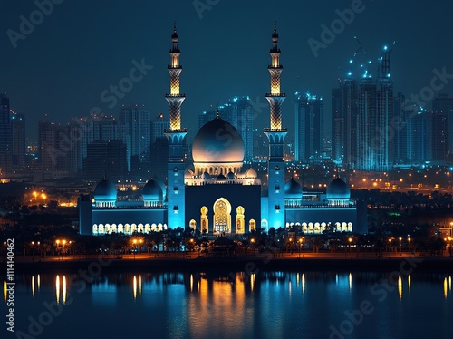 Stunning nighttime view of a majestic mosque brilliantly illuminated against a backdrop of a modern city skyline, reflecting in calm waters. photo