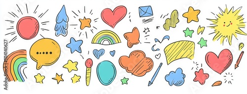 A set of hand-drawn doodle sketches including arrows, stars, hearts, circles, cloud speech bubbles, and grunge elements. Brush decorations with arrows, stars, and hearts in a modern illustration.