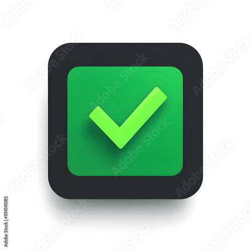 Green checkmark icon, successful confirmation symbol, approved status, task completion graphic, simple and modern design for verification, digital checklist, approval illustration photo