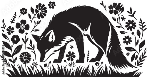 A fox sniffing flowers in a spring meadow silhouette vector