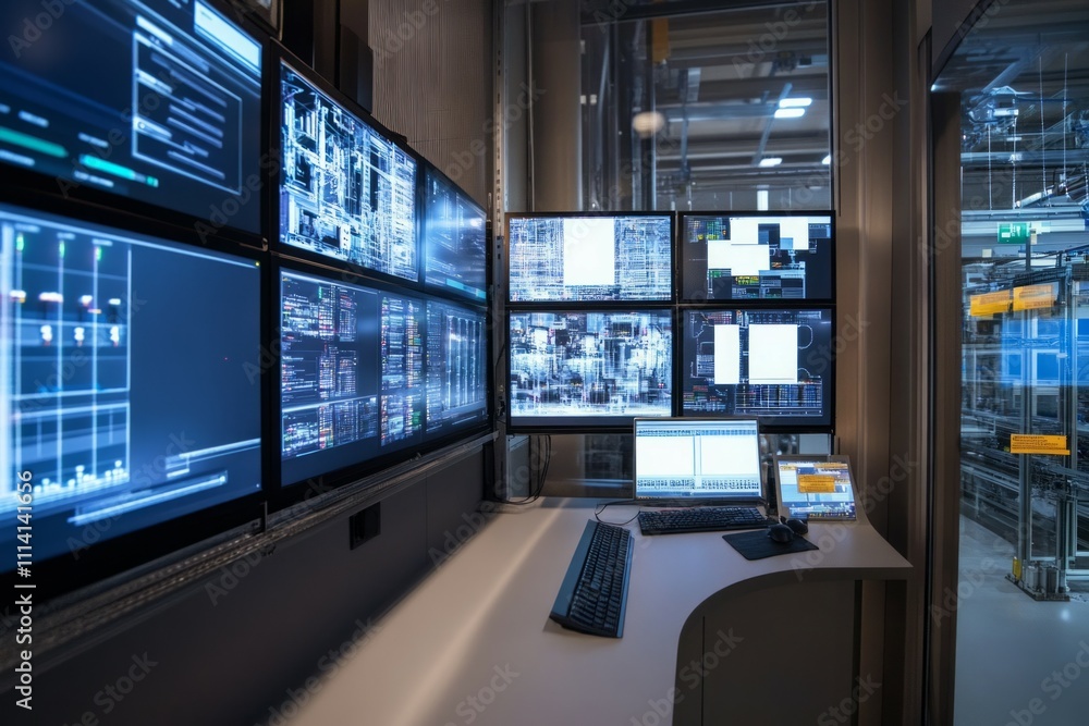 Technological engineers factory, machines, artificial intelligence, industrial tools, engineers control Technological engineers factory, machines, artificial intelligence, industrial tools, engineers control