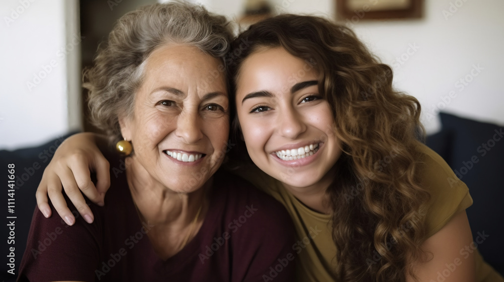 A portrait of an elderly woman and her young adult daughter. A portrait of an elderly woman and her young adult daughter.