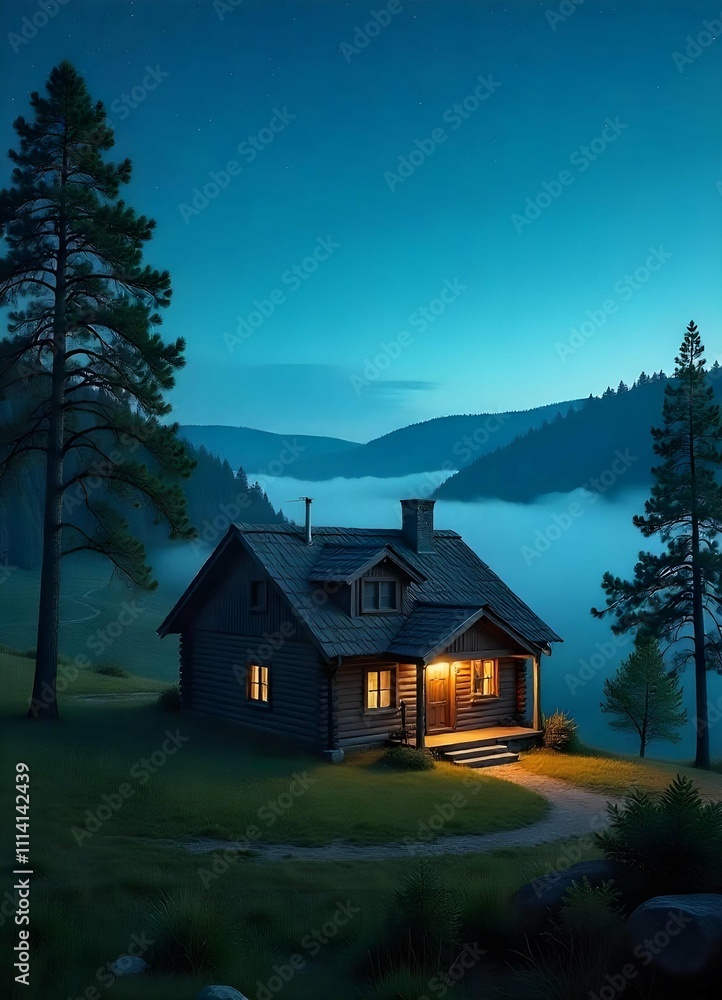 A wooden village cabin perched on a hill under a starry night, with a gentle breeze causing the nearby trees to sway, and a soft mist enveloping the landscape A wooden village cabin perched on a hill under a starry night, with a gentle breeze causing the nearby trees to sway, and a soft mist enveloping the landscape