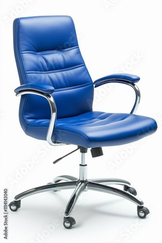 Design of blue leather office chair isolated on white background.