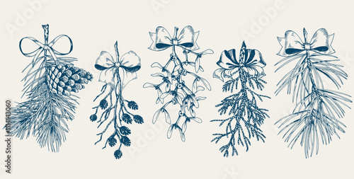 Set of forest twigs with ribbon bows. Pine, mistletoe, cedar and thuia branches. Christmas decor clipart. Blue shade hand drawn vector illustration. photo