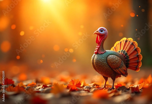 happy thanksgiving banner design with typography, turkey bird and abstract leaves background photo