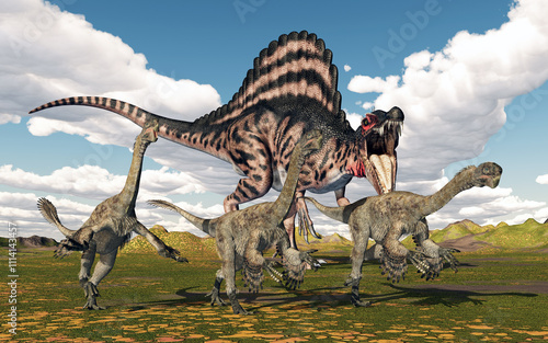 Dinosaurier Spinosaurus attackiert den Dinosaurier Citipati photo