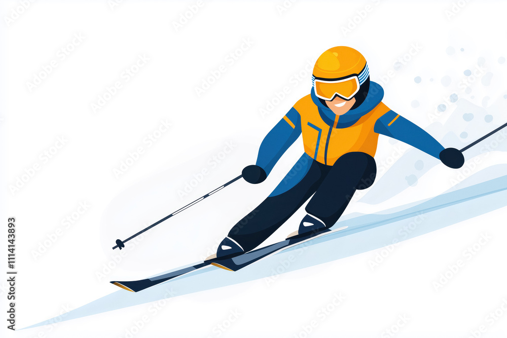 Fototapeta premium A skier speeding down a snowy slope, dressed in vibrant winter gear, capturing the excitement and energy of alpine skiing.