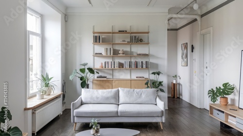 Modern Living Room with Shelves and Green Plants. A stylish modern living room featuring a cozy gray sofa  elegant shelves filled with books  and vibrant indoor plants.