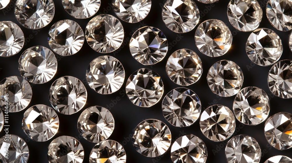 Close-up shot of numerous sparkling,faceted, round, clear diamonds scattered on a dark background. Close-up shot of numerous sparkling,faceted, round, clear diamonds scattered on a dark background.