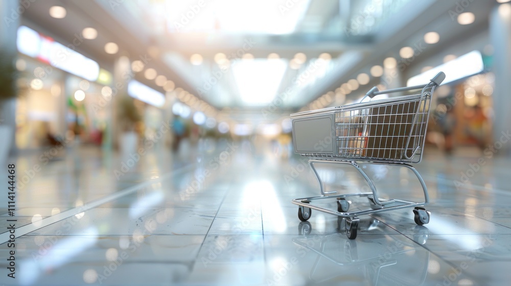 A shopping cart in a spacious, modern shopping mall with bright lighting. A shopping cart in a spacious, modern shopping mall with bright lighting.