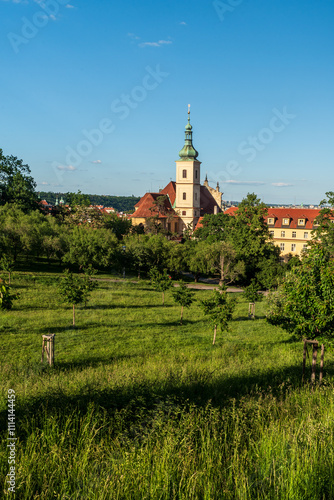 Seminarske zahrady and Kostel Panny Marie Vitezne a svateho Antonina Paduanskeho church in Prague city in Czech republic photo